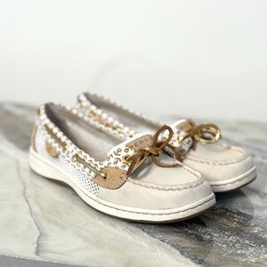 SPERRY Angelfish Boat Shoe Leather Slip-On Preppy Anchor Pattern Cream Gold Sz 7